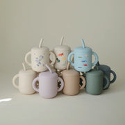 Mushie Silicone Training Cup + Straw - Retro Cars