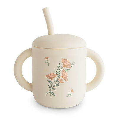 Silicone Training Cup with Straw - Pink Flowers