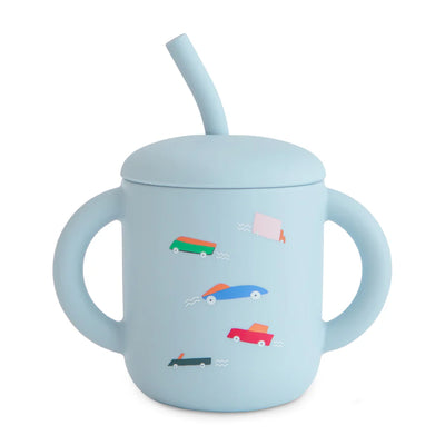 Mushie Silicone Training Cup + Straw - Retro Cars