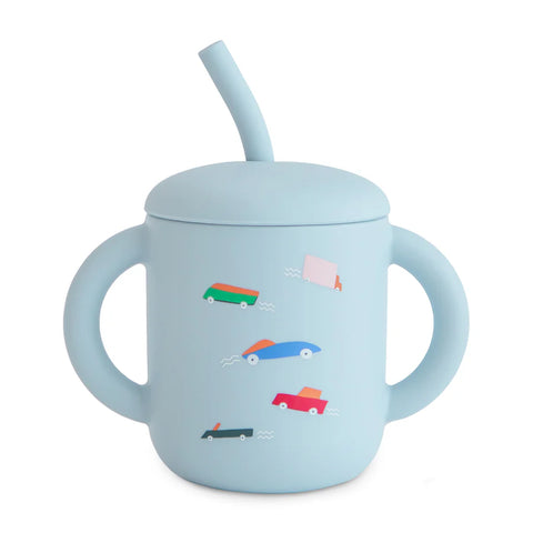 Mushie Silicone Training Cup + Straw - Retro Cars